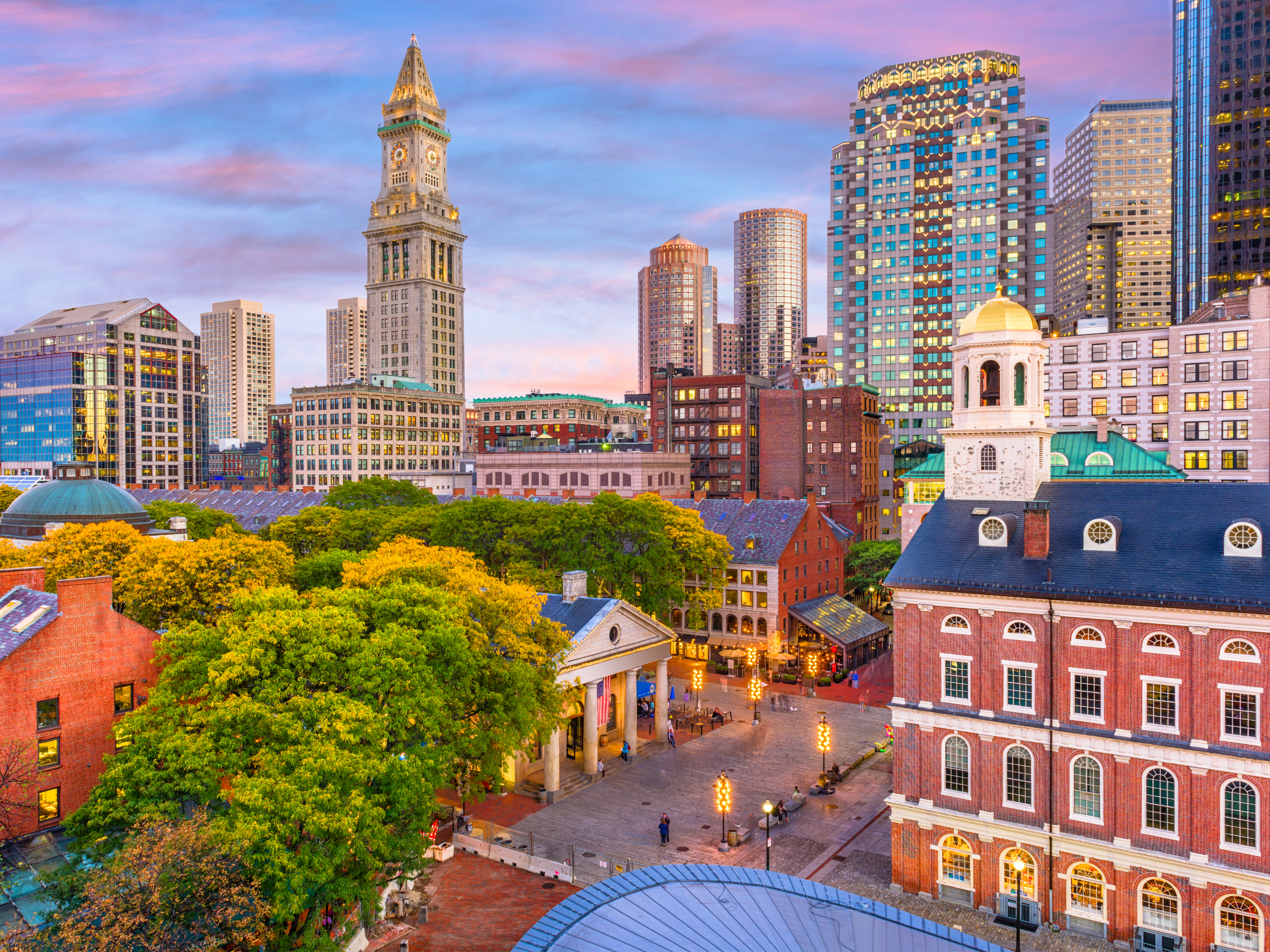 aerial view of boston massachusetts in evening hours